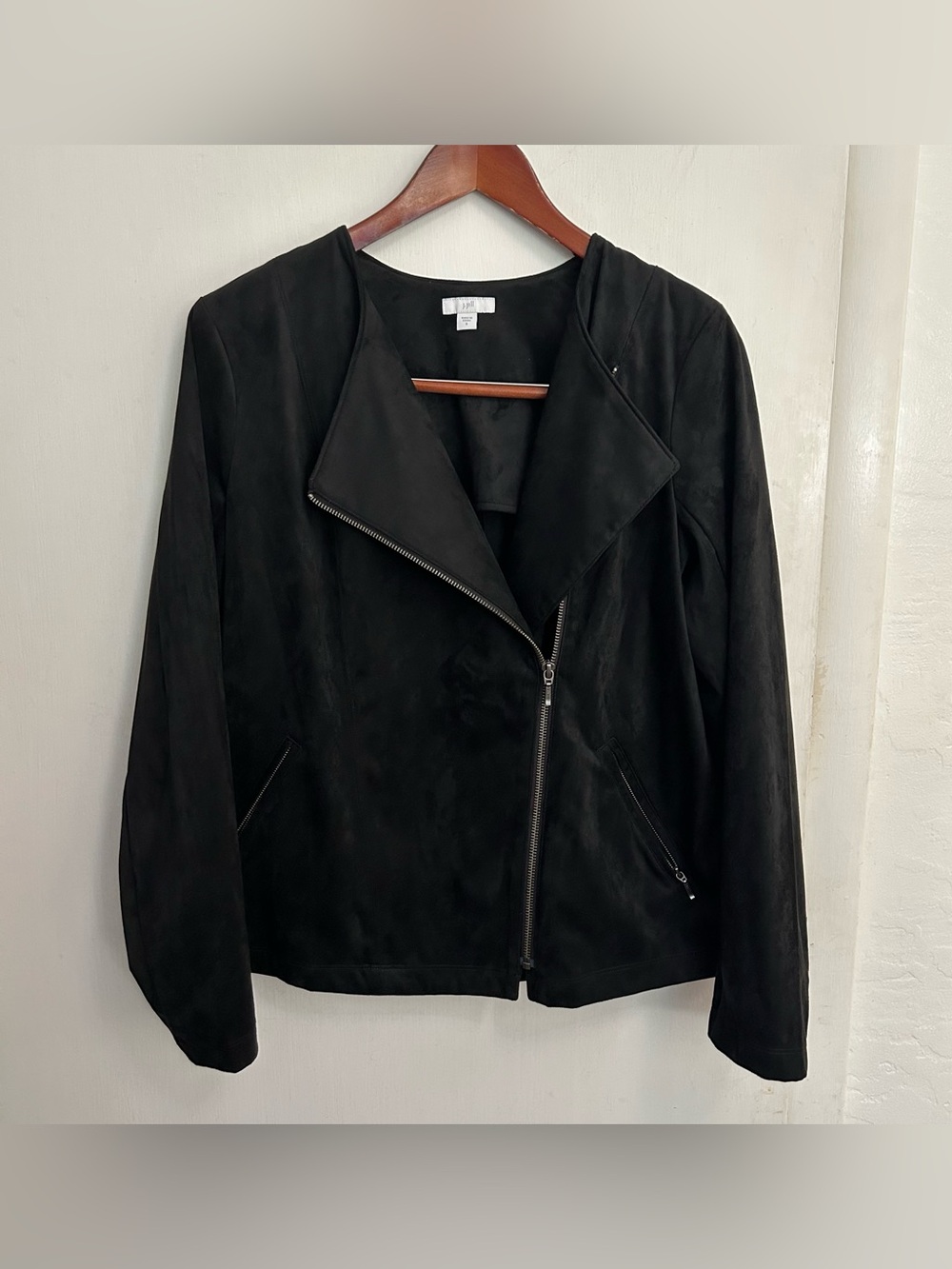 J. Jill moto jacket faux suede black asymmetrical closure size small biker chic